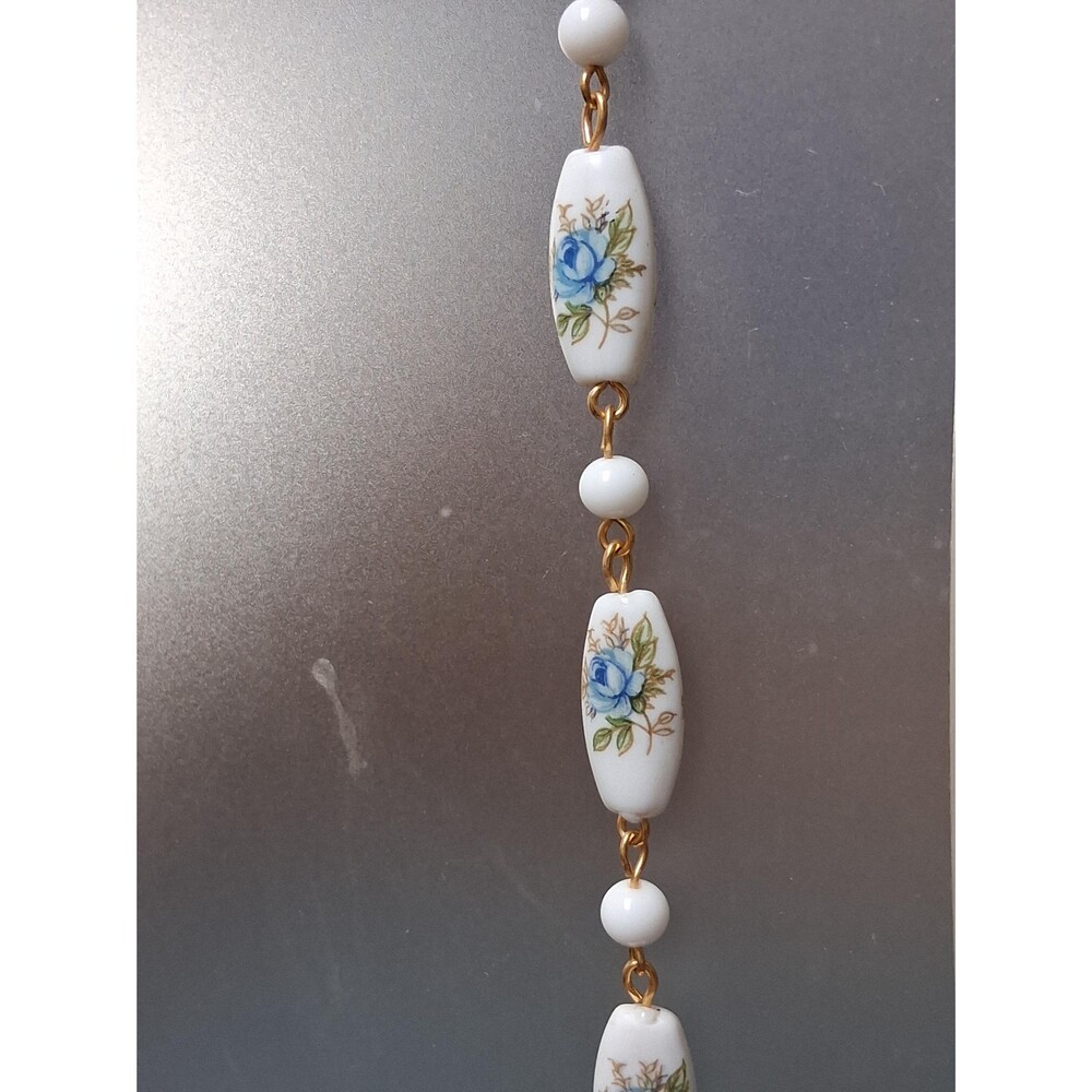 Vintage Blue Roses Glass Bead Necklace - Picture 3 of 7